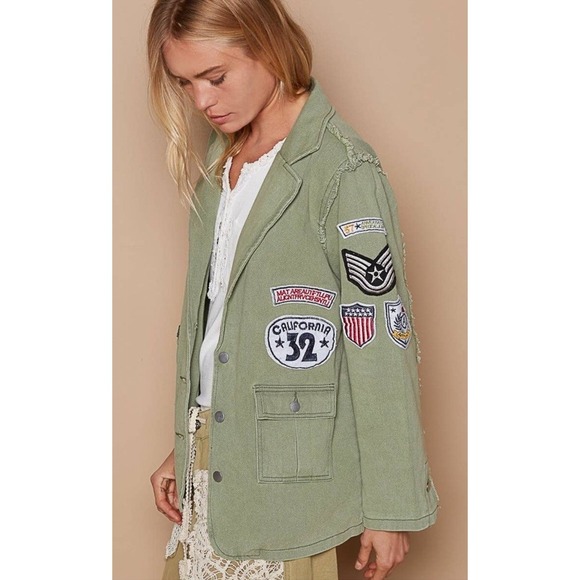 Vici Jacket Blazer M Green Military Aviator Patches Oversized Raw Edges Open - Picture 2 of 11